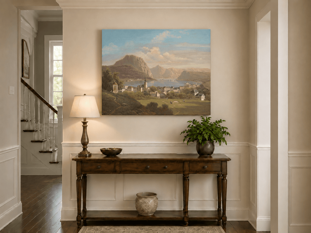 Landscape Oil Painting - Lakeside Town, Church, Mountain