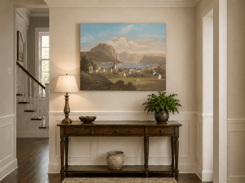 Landscape Oil Painting - Lakeside Town, Church, Mountain
