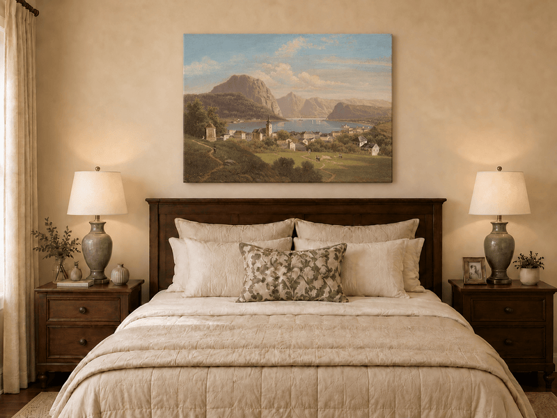 Landscape Oil Painting - Lakeside Town, Church, Mountain