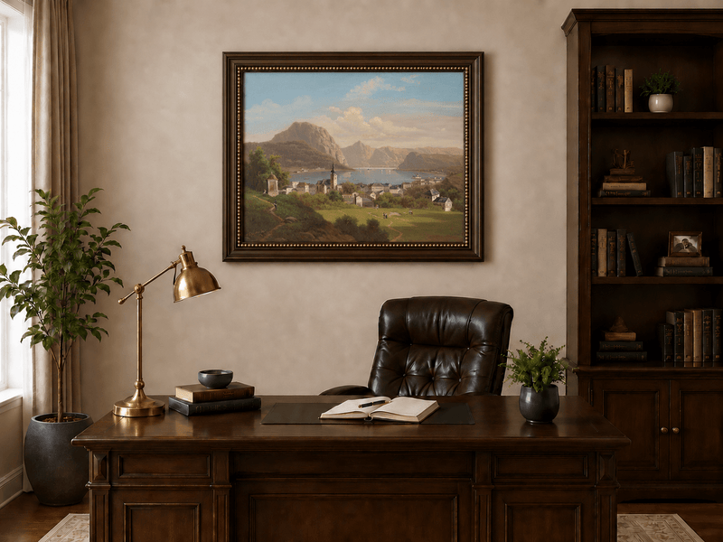 Landscape Oil Painting - Lakeside Town, Church, Mountain