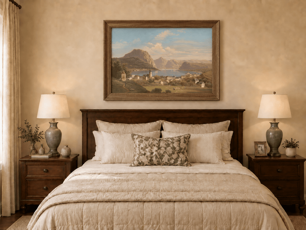 Landscape Oil Painting - Lakeside Town, Church, Mountain