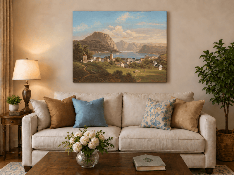 Landscape Oil Painting - Lakeside Town, Church, Mountain