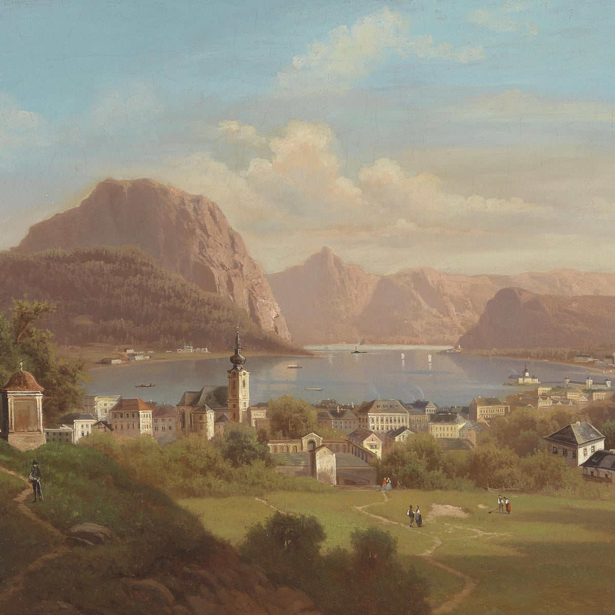 Landscape Oil Painting - Lakeside Town, Church, Mountain & Pedestrians - Oil Painting Haven