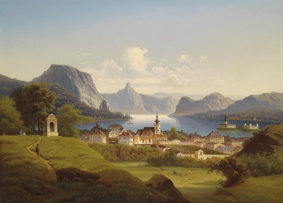 Landscape Oil Painting - Lakeside Town & Mountain, Chapel & Lake Vesse - Oil Painting Haven