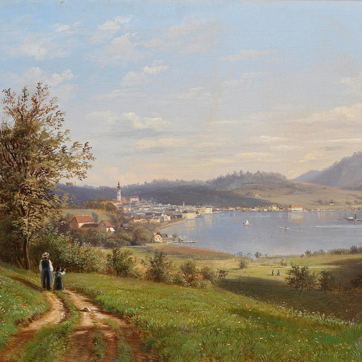 Landscape Oil Painting - Lakeside Town, Path, Figures & Lake Boats - Oil Painting Haven