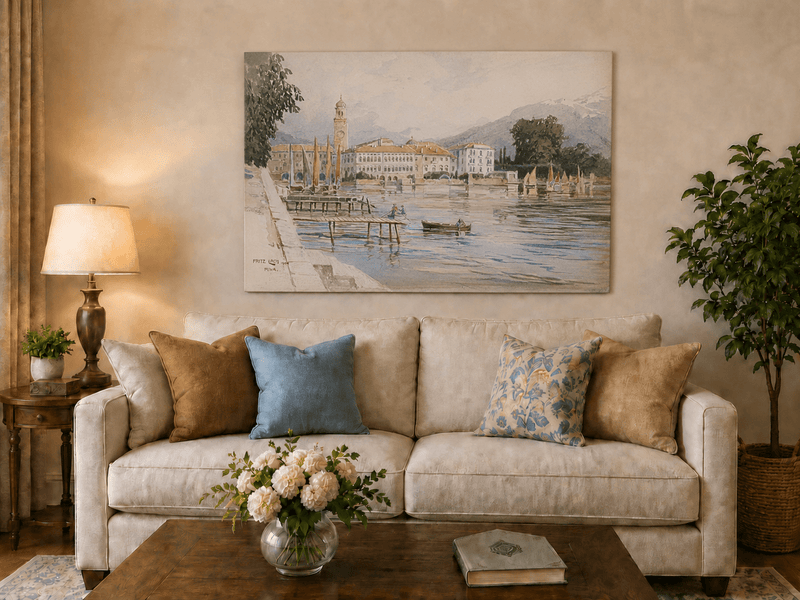 Landscape Oil Painting - Lakeside Town with Sailboats and Alps