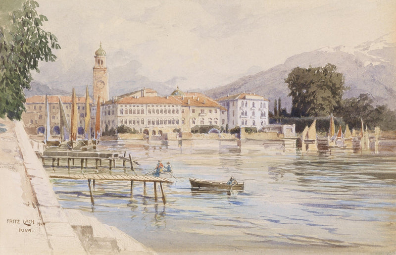 Hand-painted lakeside town with sailboats and alps landscape oil painting on canvas