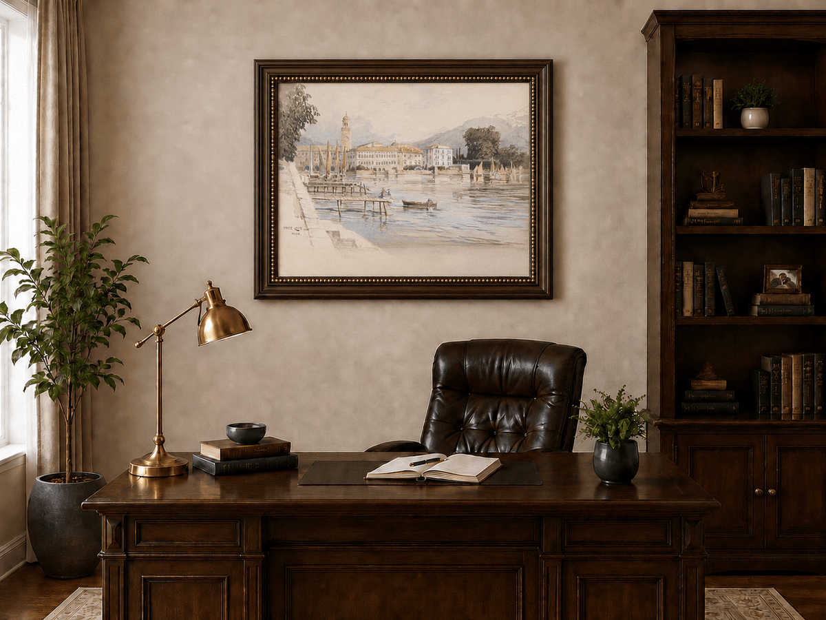 Landscape Oil Painting - Lakeside Town with Sailboats and Alps