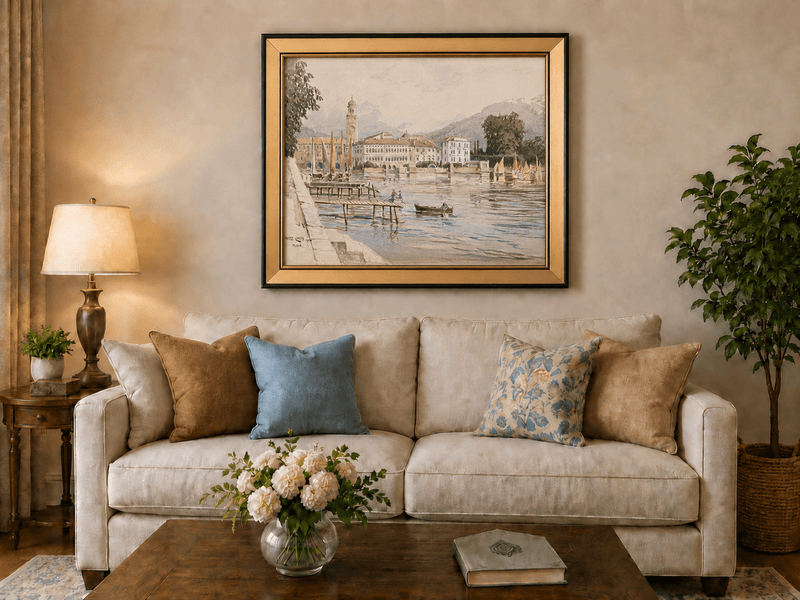 Landscape Oil Painting - Lakeside Town with Sailboats and Alps