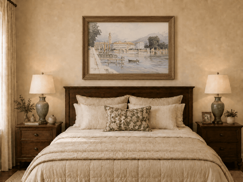 Landscape Oil Painting - Lakeside Town with Sailboats and Alps