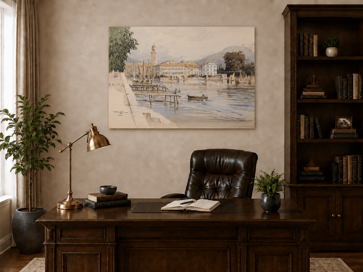 Landscape Oil Painting - Lakeside Town with Sailboats and Alps