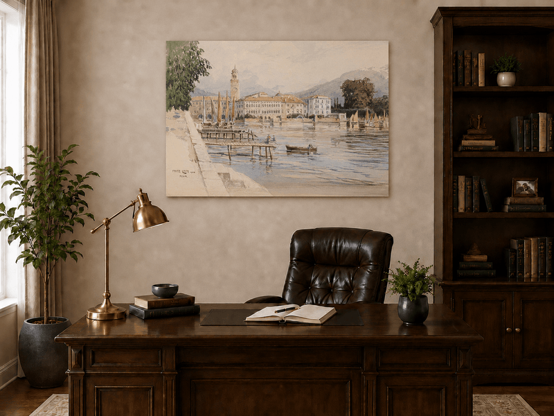 Landscape Oil Painting - Lakeside Town with Sailboats and Alps