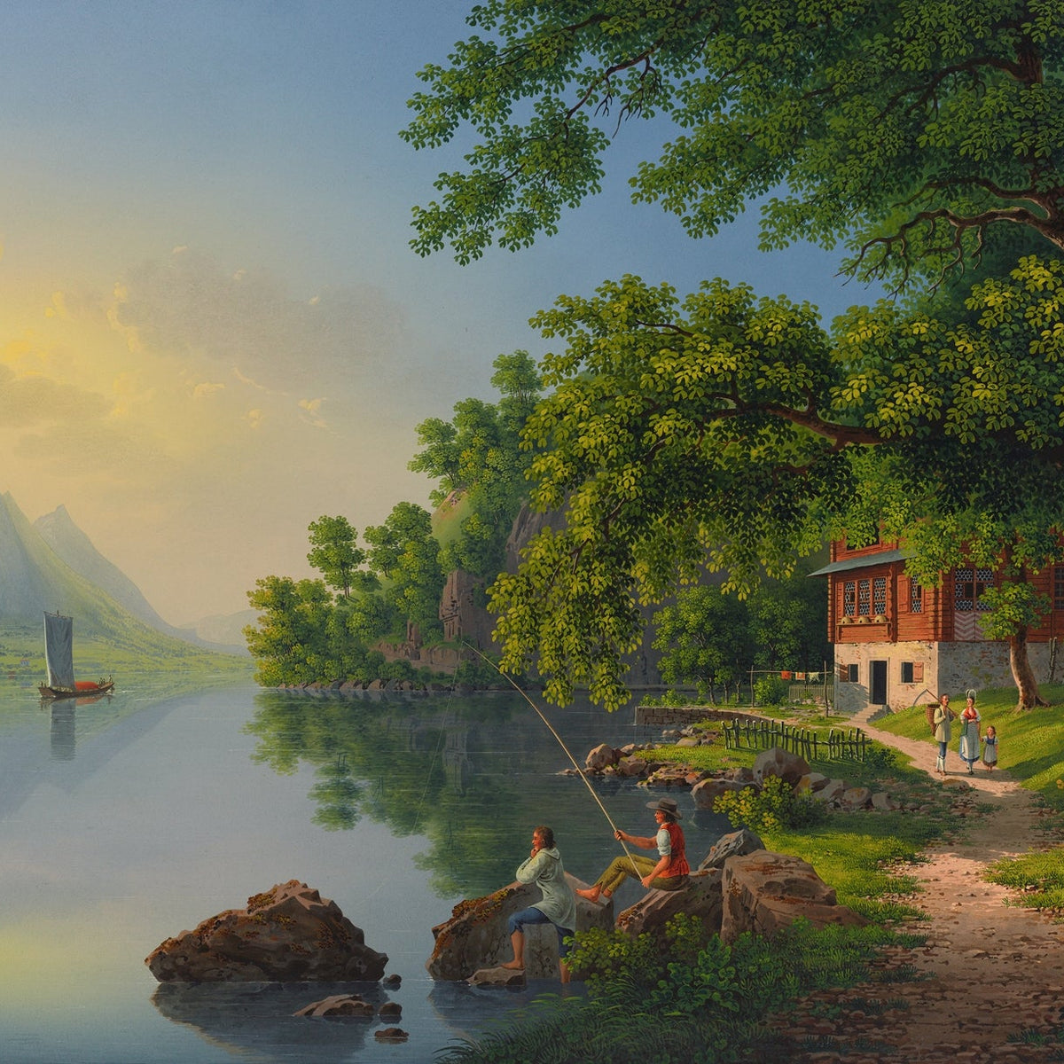 Hand-painted lakeside villa and fishermen at sunset landscape oil painting on canvas