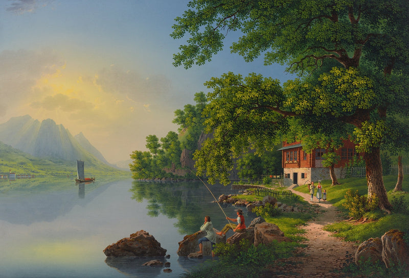 Hand-painted lakeside villa and fishermen at sunset landscape oil painting on canvas