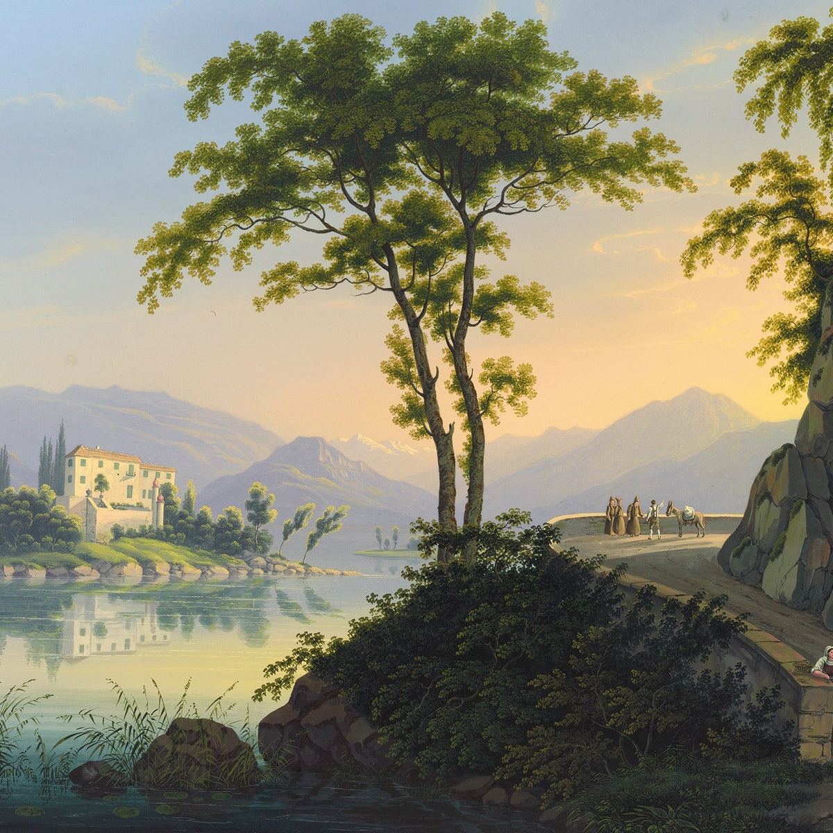 Hand-painted lakeside villa and mountain road view landscape oil painting on canvas