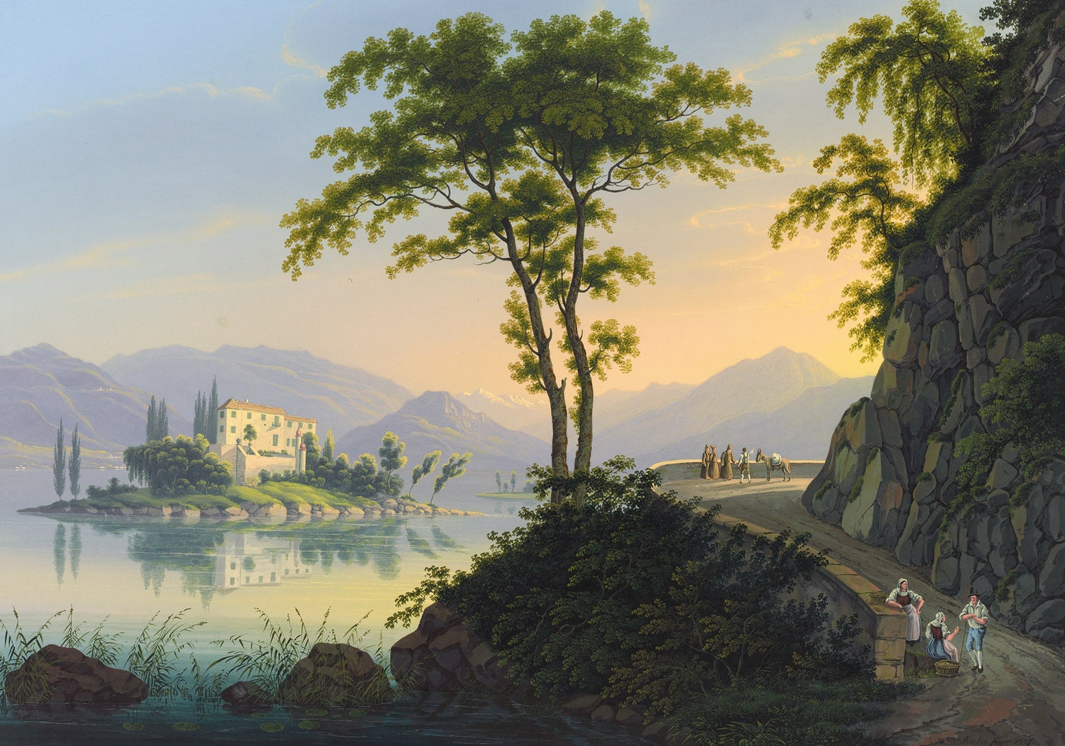 Hand-painted lakeside villa and mountain road view landscape oil painting on canvas