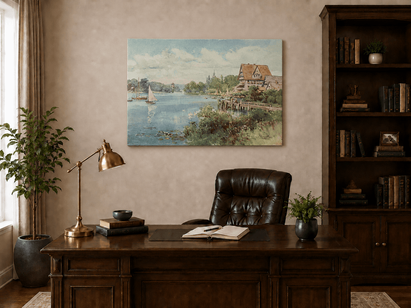 Peinture à l'huile de paysage - Villa au bord du lac avec voiliers et cygnes