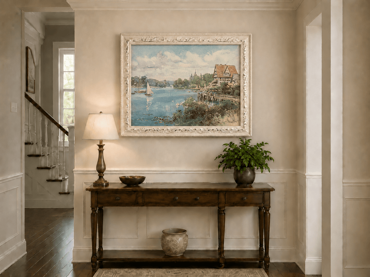 Peinture à l'huile de paysage - Villa au bord du lac avec voiliers et cygnes
