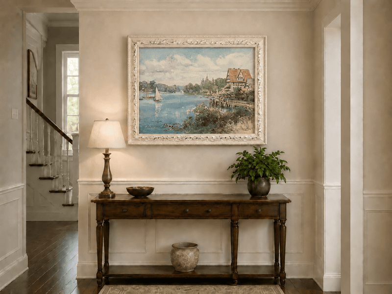 Peinture à l'huile de paysage - Villa au bord du lac avec voiliers et cygnes
