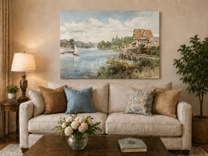 Peinture à l'huile de paysage - Villa au bord du lac avec voiliers et cygnes