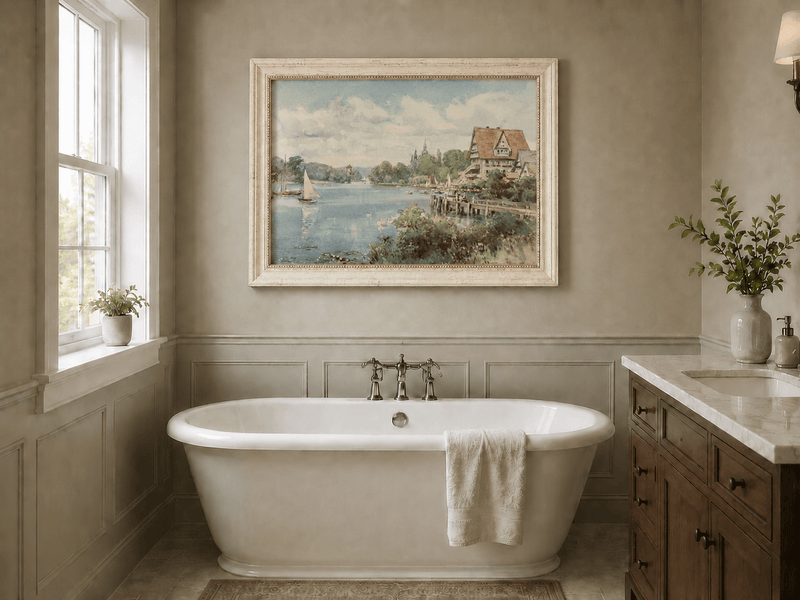 Peinture à l'huile de paysage - Villa au bord du lac avec voiliers et cygnes