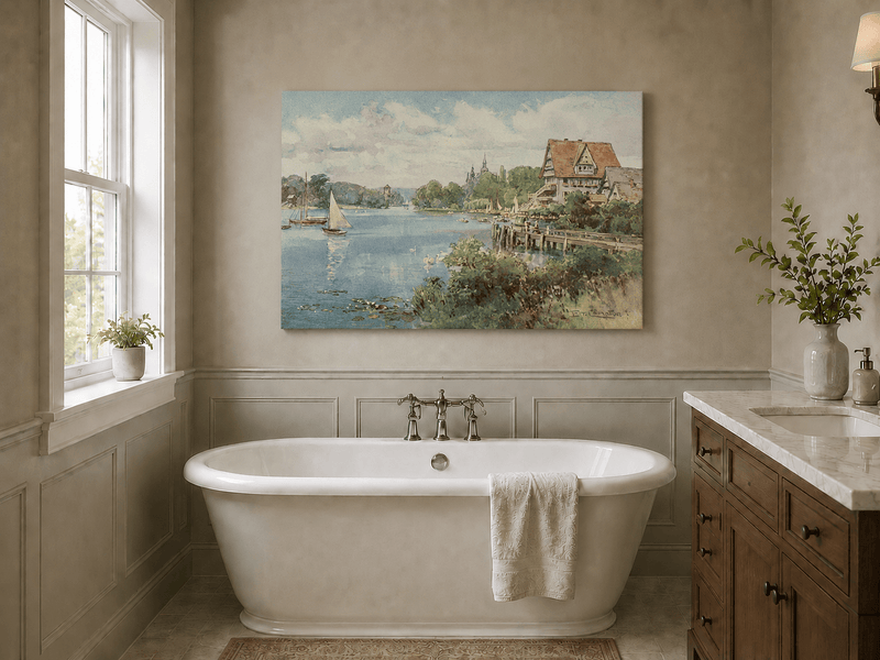 Peinture à l'huile de paysage - Villa au bord du lac avec voiliers et cygnes