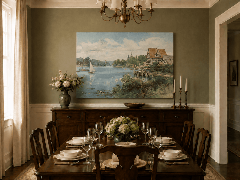 Peinture à l'huile de paysage - Villa au bord du lac avec voiliers et cygnes