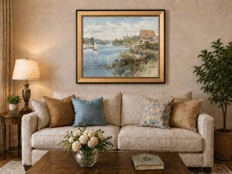 Peinture à l'huile de paysage - Villa au bord du lac avec voiliers et cygnes