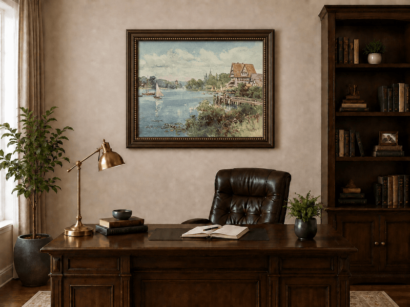 Peinture à l'huile de paysage - Villa au bord du lac avec voiliers et cygnes