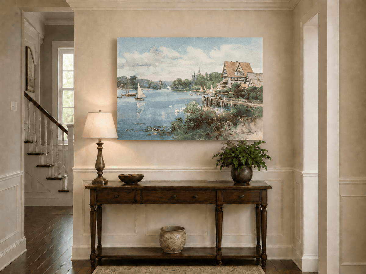Peinture à l'huile de paysage - Villa au bord du lac avec voiliers et cygnes