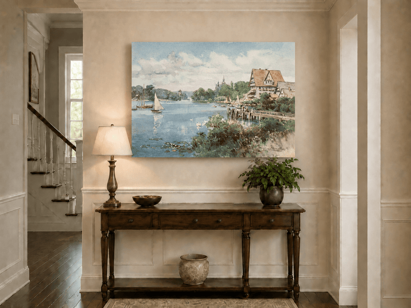 Peinture à l'huile de paysage - Villa au bord du lac avec voiliers et cygnes