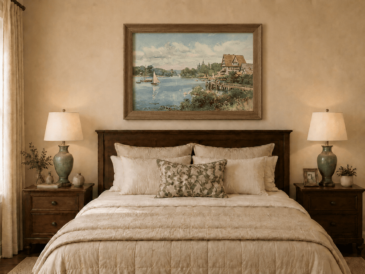 Peinture à l'huile de paysage - Villa au bord du lac avec voiliers et cygnes