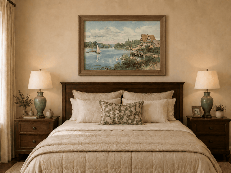 Peinture à l'huile de paysage - Villa au bord du lac avec voiliers et cygnes