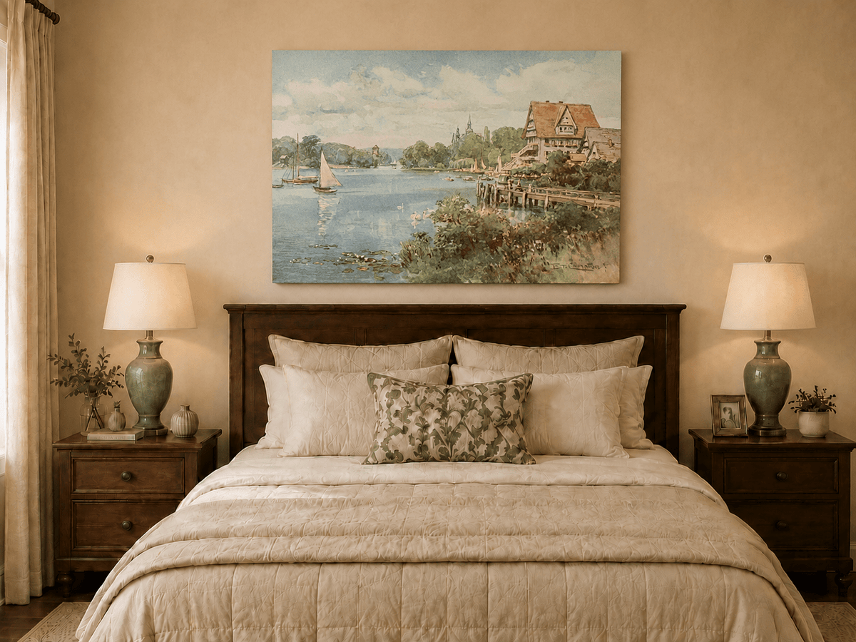 Peinture à l'huile de paysage - Villa au bord du lac avec voiliers et cygnes