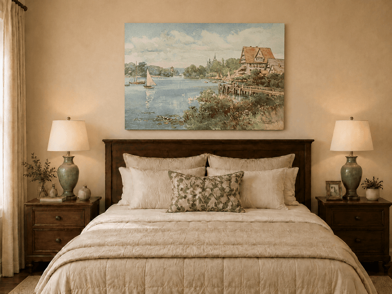 Peinture à l'huile de paysage - Villa au bord du lac avec voiliers et cygnes