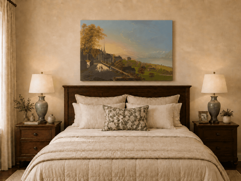Peinture à l'huile de paysage - Scène de rivière hivernale avec personnages et chevaux