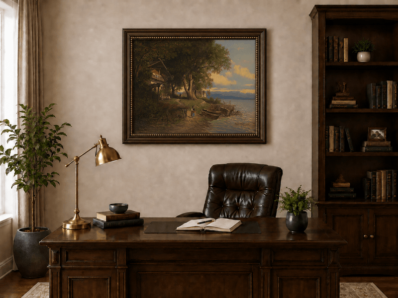Landscape Oil Painting - Lakeside Village Trees, Boats, Figures