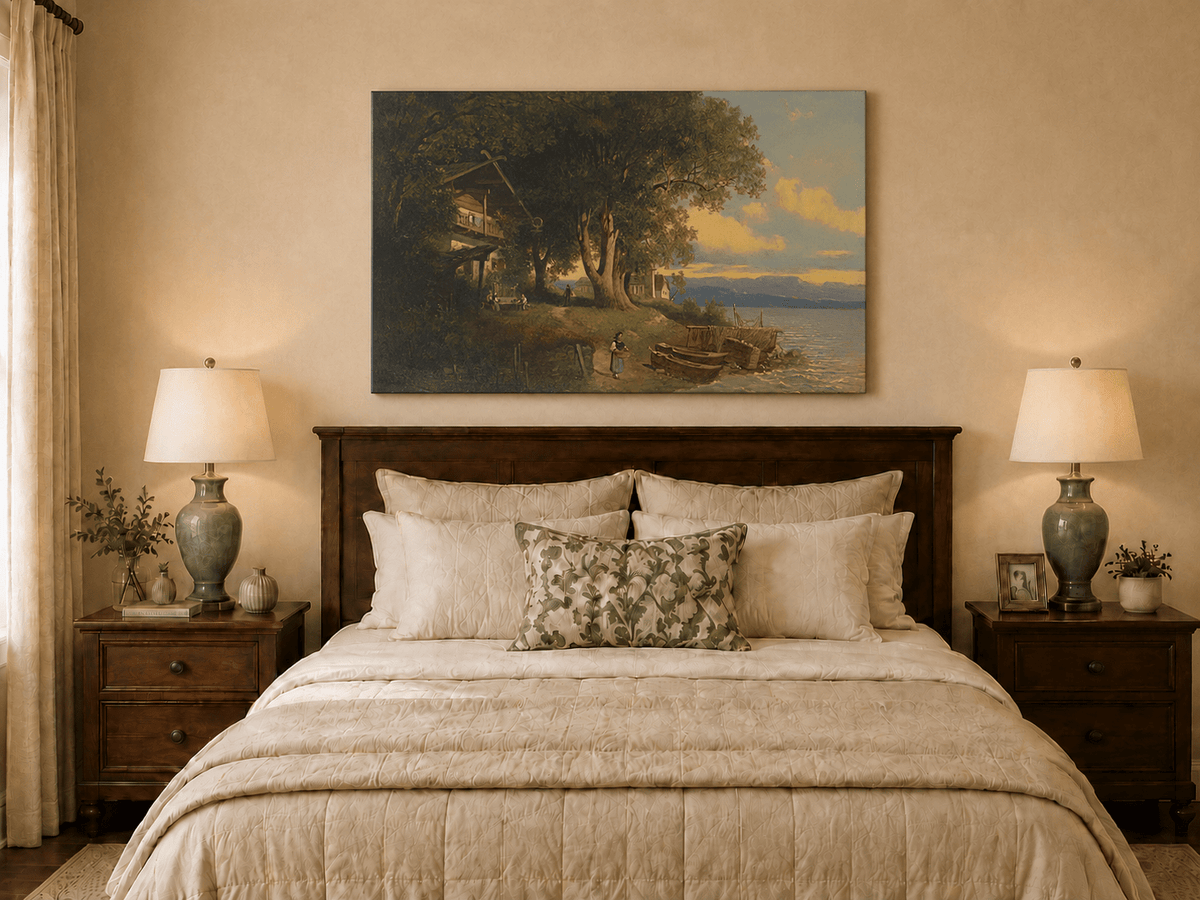 Landscape Oil Painting - Lakeside Village Trees, Boats, Figures