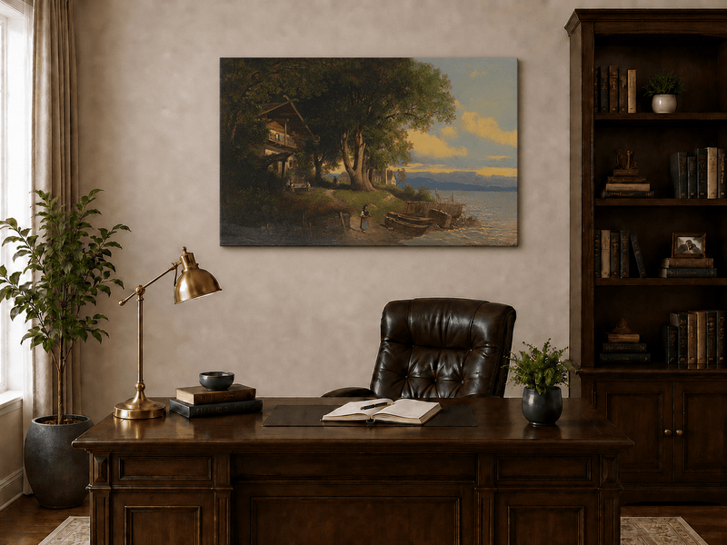 Landscape Oil Painting - Lakeside Village Trees, Boats, Figures