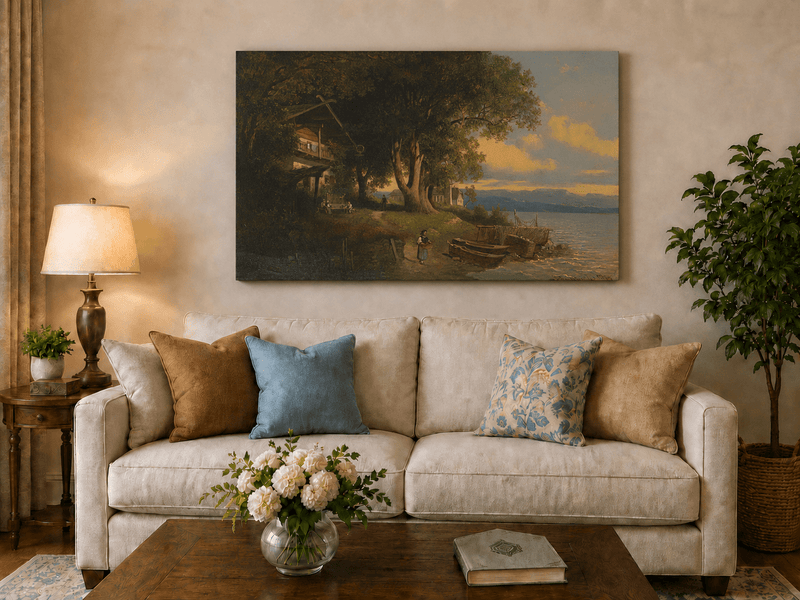 Landscape Oil Painting - Lakeside Village Trees, Boats, Figures