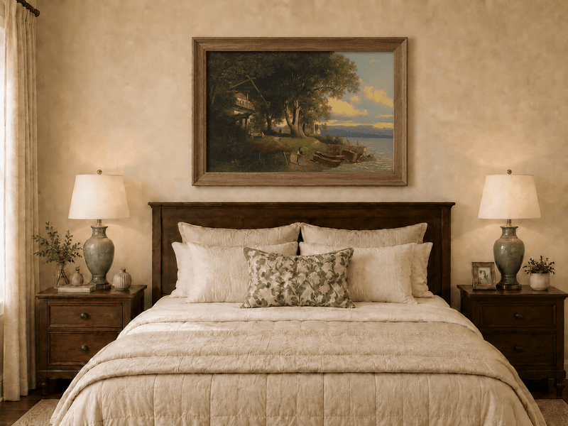 Landscape Oil Painting - Lakeside Village Trees, Boats, Figures