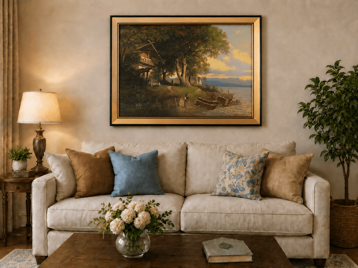 Landscape Oil Painting - Lakeside Village Trees, Boats, Figures