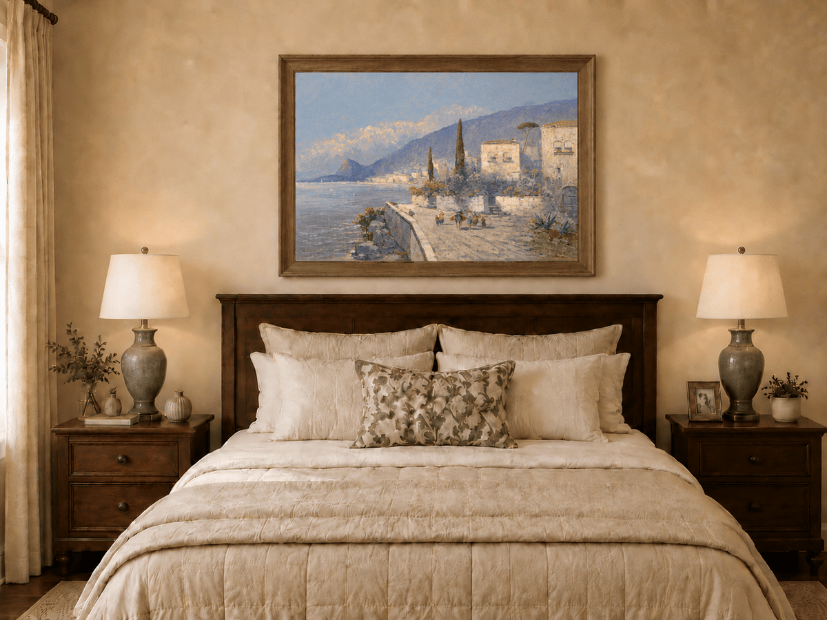 Landscape Oil Painting - Lakeside Village with Cypress Trees