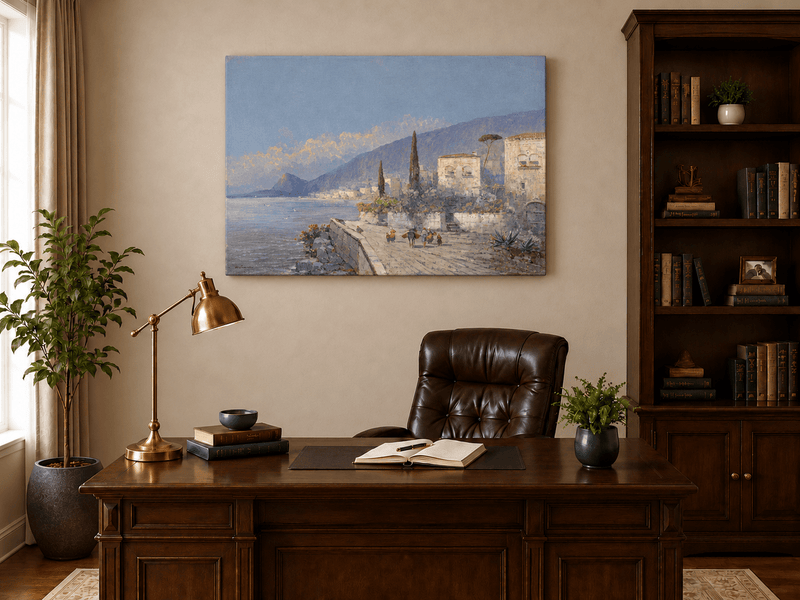 Landscape Oil Painting - Lakeside Village with Cypress Trees