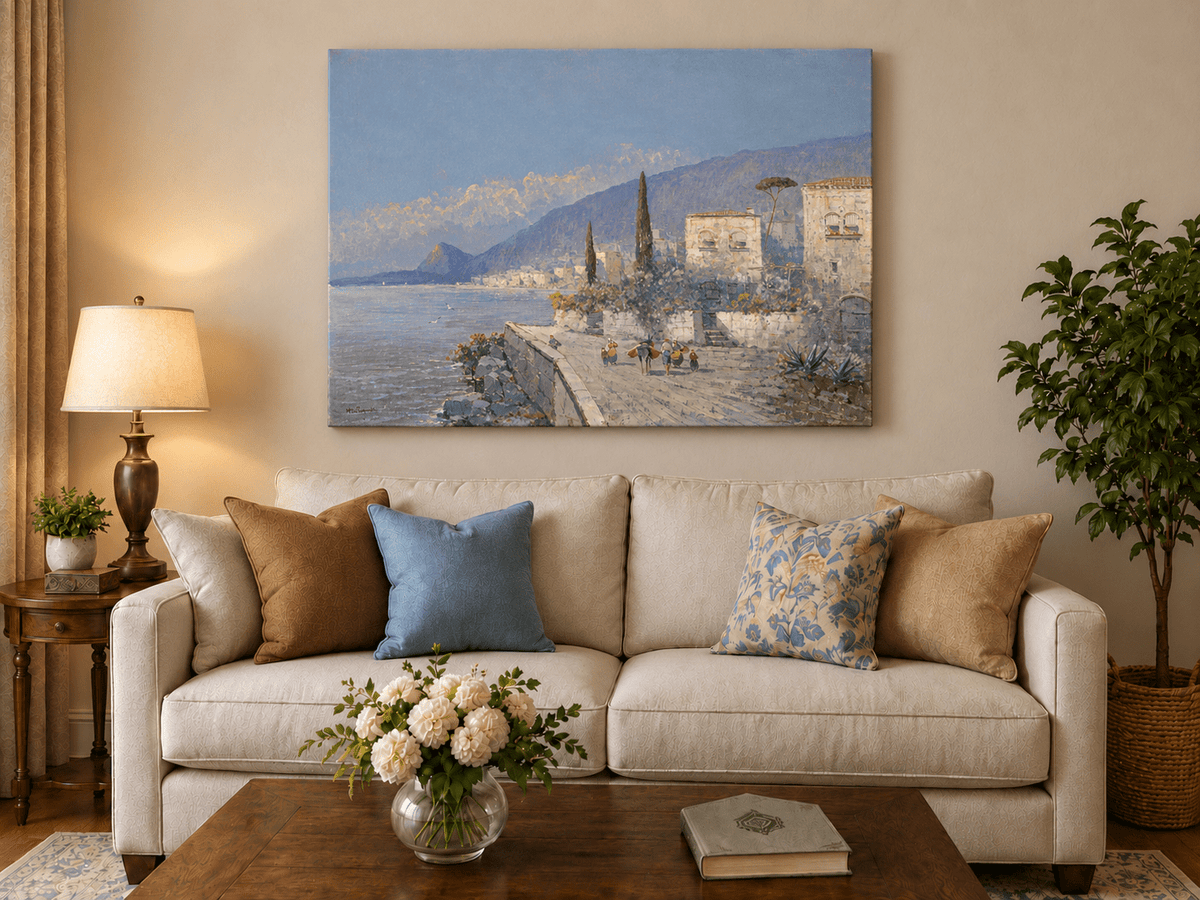 Landscape Oil Painting - Lakeside Village with Cypress Trees