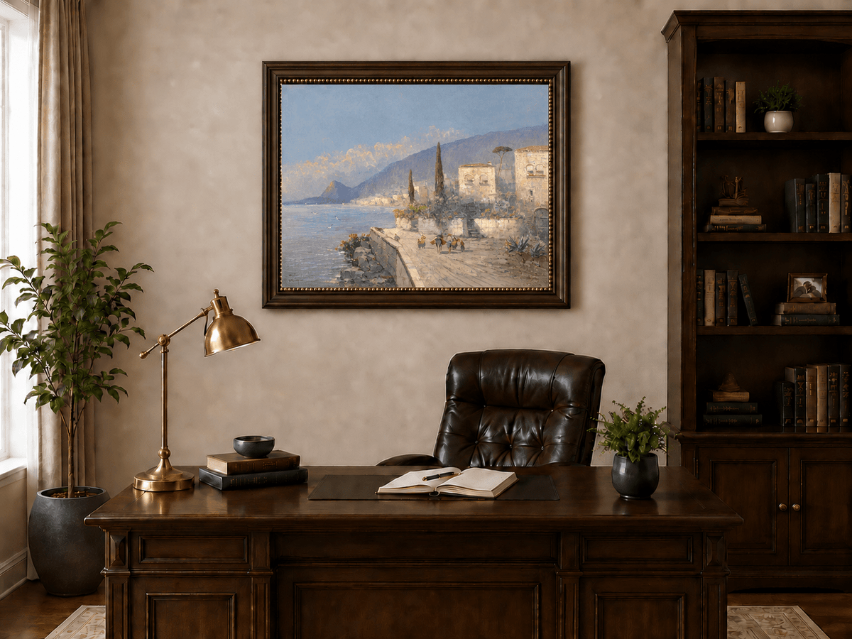 Landscape Oil Painting - Lakeside Village with Cypress Trees