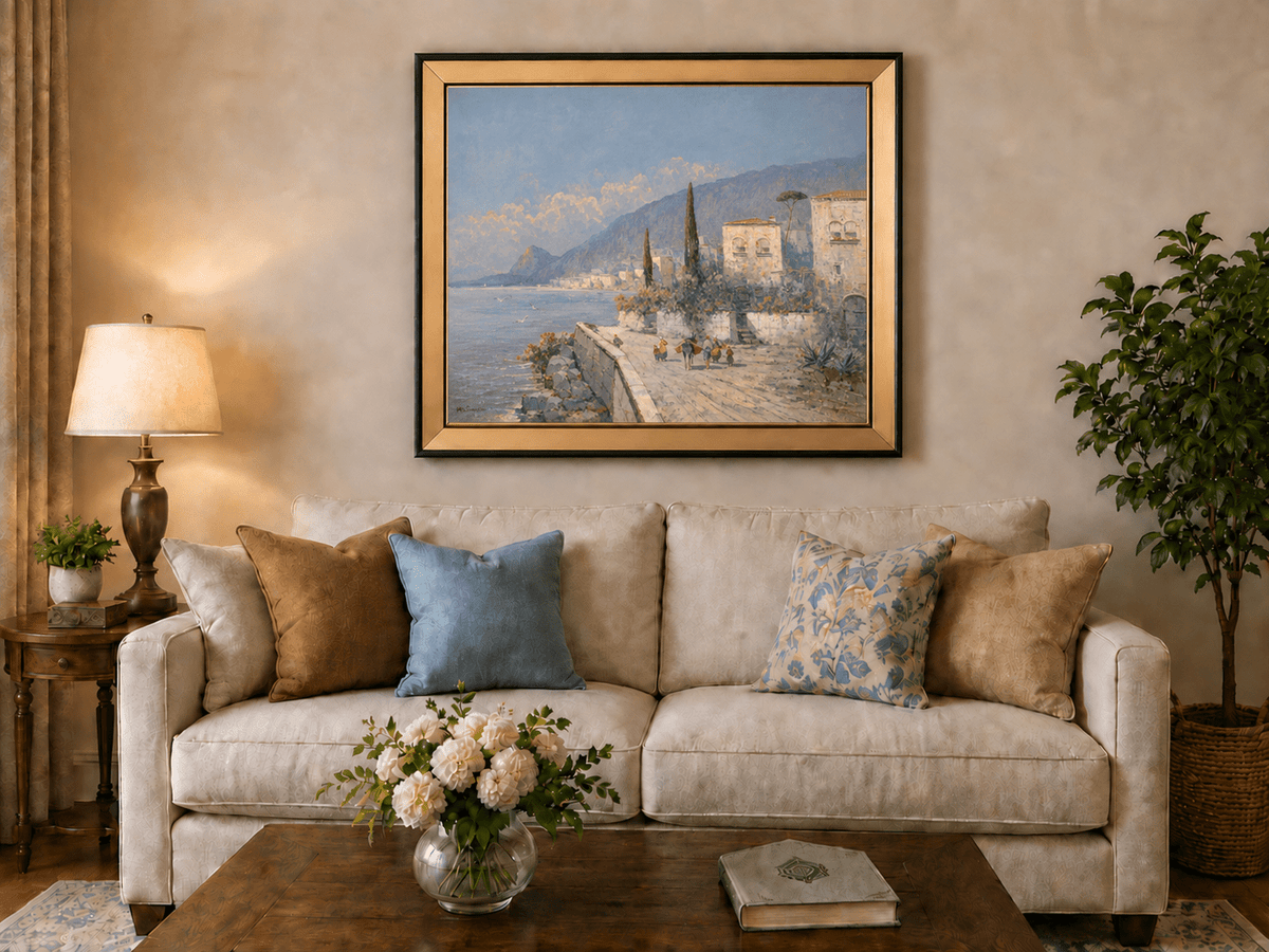 Landscape Oil Painting - Lakeside Village with Cypress Trees
