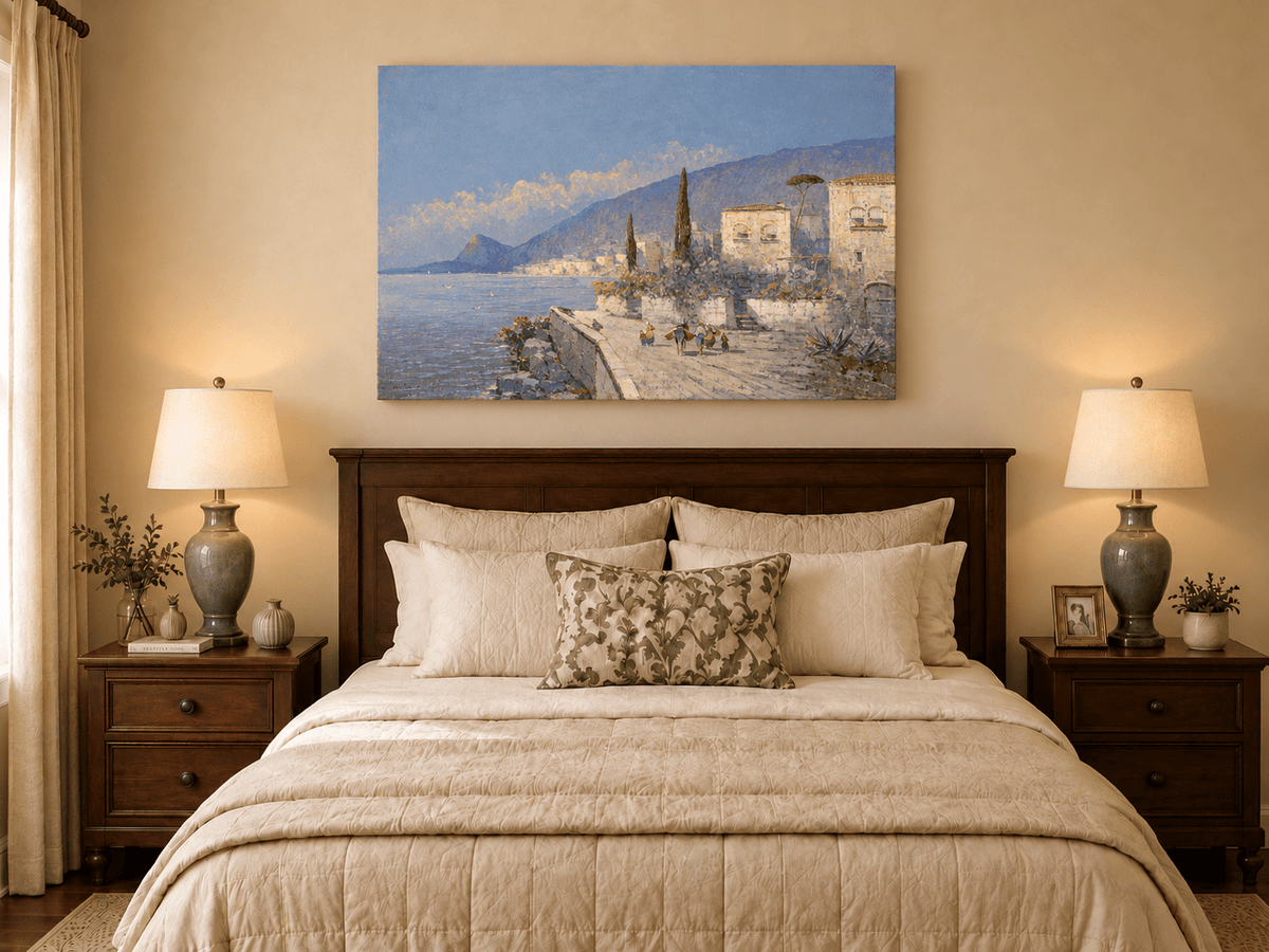 Landscape Oil Painting - Lakeside Village with Cypress Trees