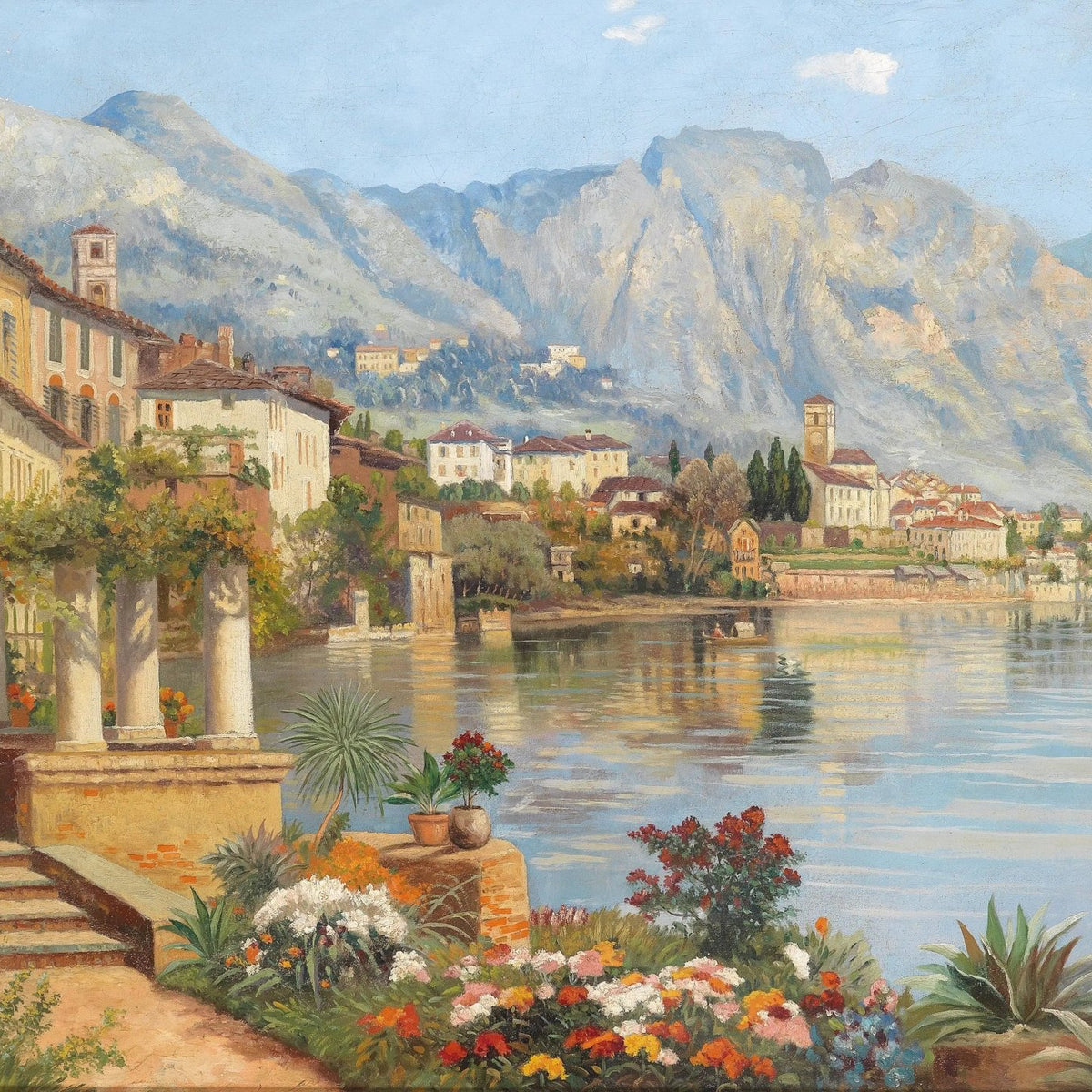 Landscape Oil Painting - Lakeside Village with Flowers & Mountains - Oil Painting Haven