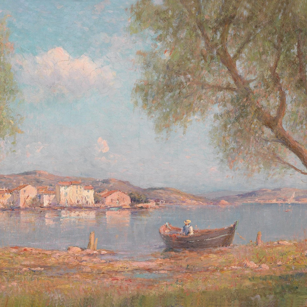 Hand-painted lakeside village with rowboat landscape oil painting on canvas